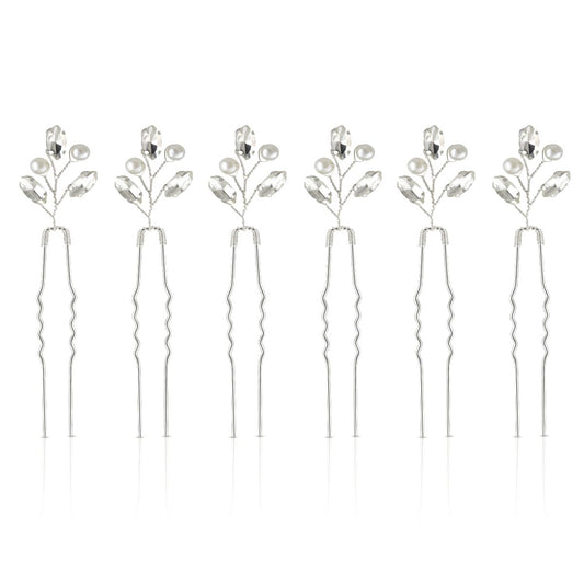 Bridal Hair Accessories - Silver Rhinestone and Pearl Clips, Crystal Flower Leaf Pins for Brides, Bridesmaids Women (6 Pieces)