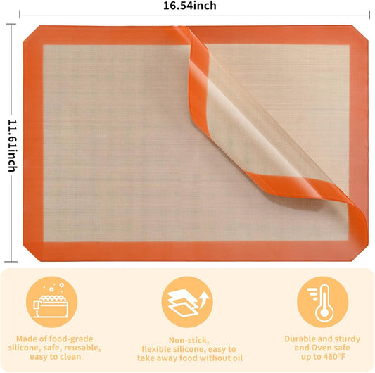 2-Pack Silicone Baking Mats – Non-Stick Reusable BPA-Free Oven Liners, 100% Food-Grade Silicone, Fit Half Sheet Pans (16.54" x 11.62") for Cookies, Pastry & More Orange/Beige, 0.4mm