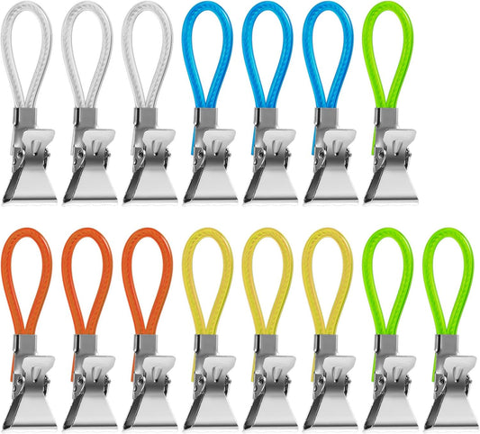 Xindojuz 15 PCS Kitchen Towel Clips, Metal Beach Chair Clips with Hanging Loop for Kitchen, Multi-Color Hanging Towels Clip Small Cloth Hook Clip Hangers for Home Bathroom Cupboards (5 Colors)