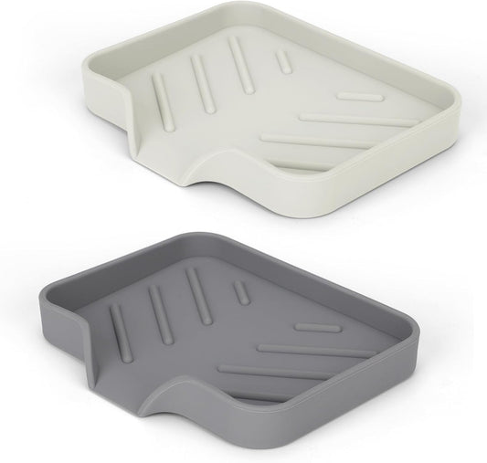 Silicone Soap Dish for Shower with Self Draining, 2 Pack Soap Holder for Bathroom, Silicone Sponge Holder for Kitchen Sink, Soap Tray for Dispenser, Scrubber, Bottle, 4.7"Ã3.9", Grey & Beige White.