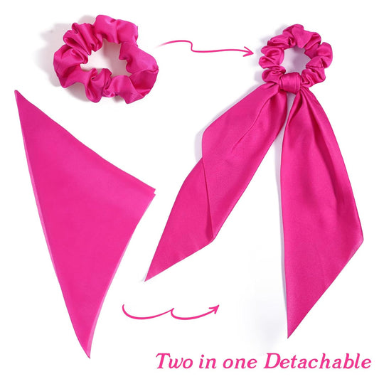 Knotted Bow Scrunchies 2 PCS Silk Scarf Scrunchies Ponytail Holders Hairs Ribbons Ponytail Scarf Knotted Bow Silk Hairs Ties Satin Hair Ribbon Scrunchy for Women Thick Thin Long Hair (Pink)