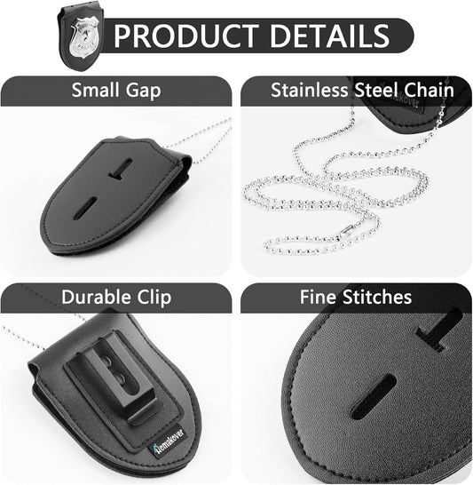 1 Pack Sheriff Badge Shield Holder with Faux Leather Wrapped Heavy Duty Steel Belt Clip with Stainless Steel Necklace, Universal, Black, Deputy Badge Holder, 8x3 inch (1 Pack)