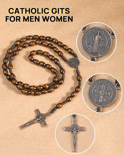 Rosary Beads Handmade Wooden Rosarios Catolicos l Cross For Catholic Or Christian Gift（Woven Coffee Color）