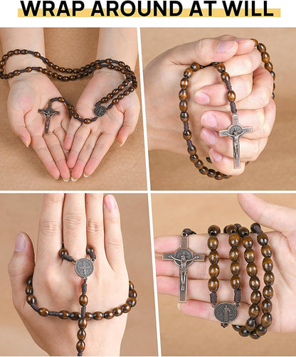 Rosary Beads Handmade Wooden Rosarios Catolicos l Cross For Catholic Or Christian Gift（Woven Coffee Color）