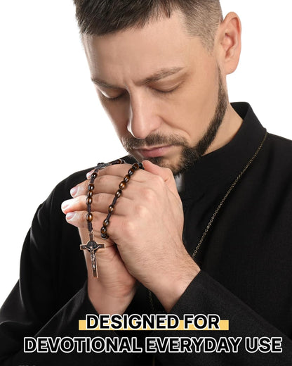 Rosary Beads Handmade Wooden Rosarios Catolicos l Cross For Catholic Or Christian Gift（Woven Coffee Color）