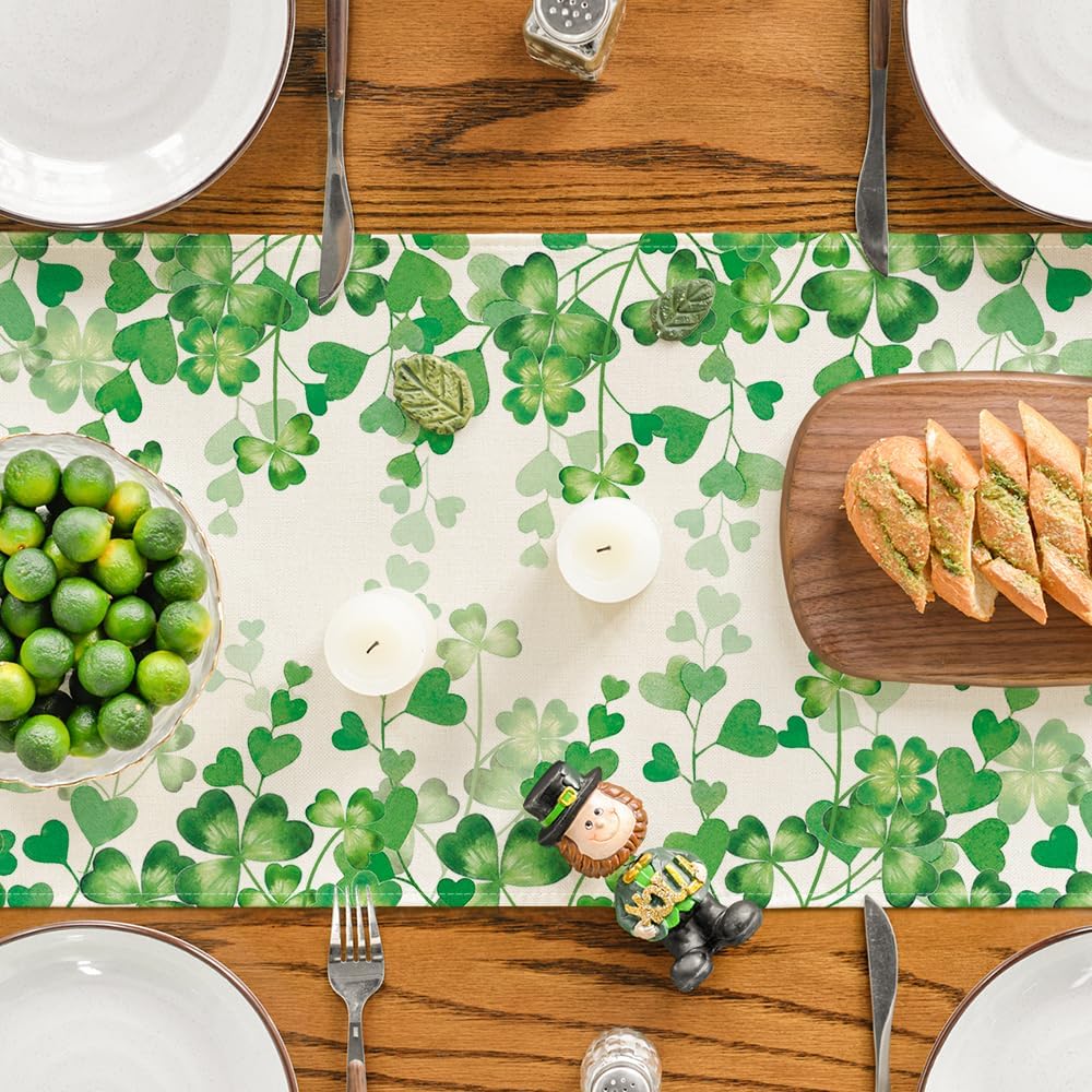 Shamrock Love Heart 210 GSM St. Patrick's Day Table Runner, Seasonal Spring Kitchen Dining Table Decoration for Home Party Decor 13x72 Inch