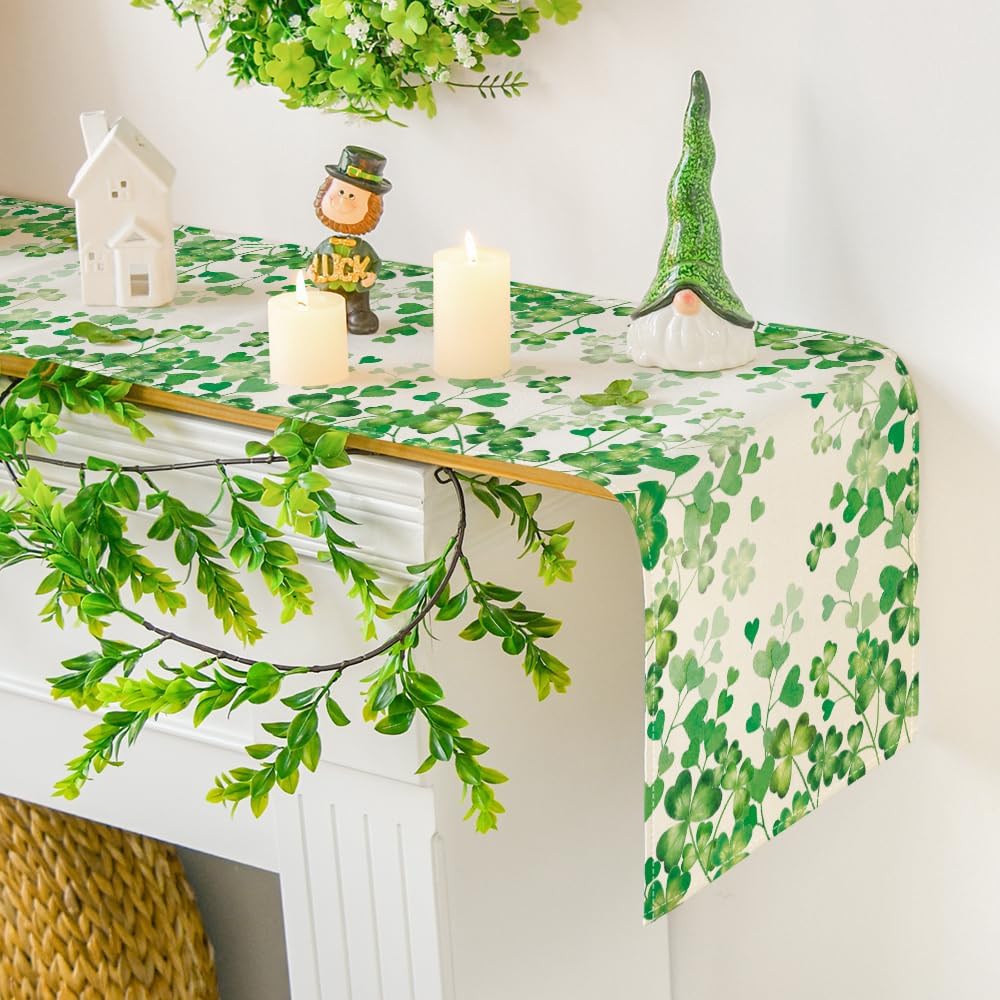 Shamrock Love Heart 210 GSM St. Patrick's Day Table Runner, Seasonal Spring Kitchen Dining Table Decoration for Home Party Decor 13x72 Inch