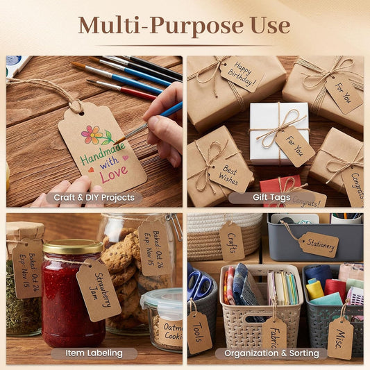 100pcs Gift Tags with String Attached, 1.7 x 2.8 inch Kraft Paper Hang Tags for Clothes DIY Crafts Wedding Holiday (Brown)