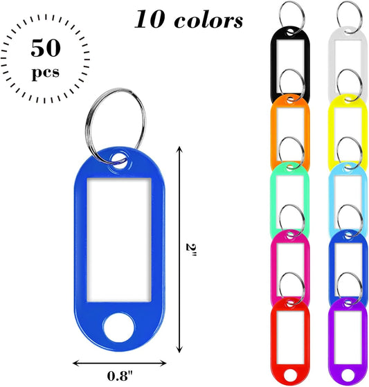 50 PCS Plastic Key Tags with Split Ring, Label Window Key Chain Name Identifiers for Luggage, Suitcases, Backpacks, Travel, Pets, Office, Home Organization, 10 Colors