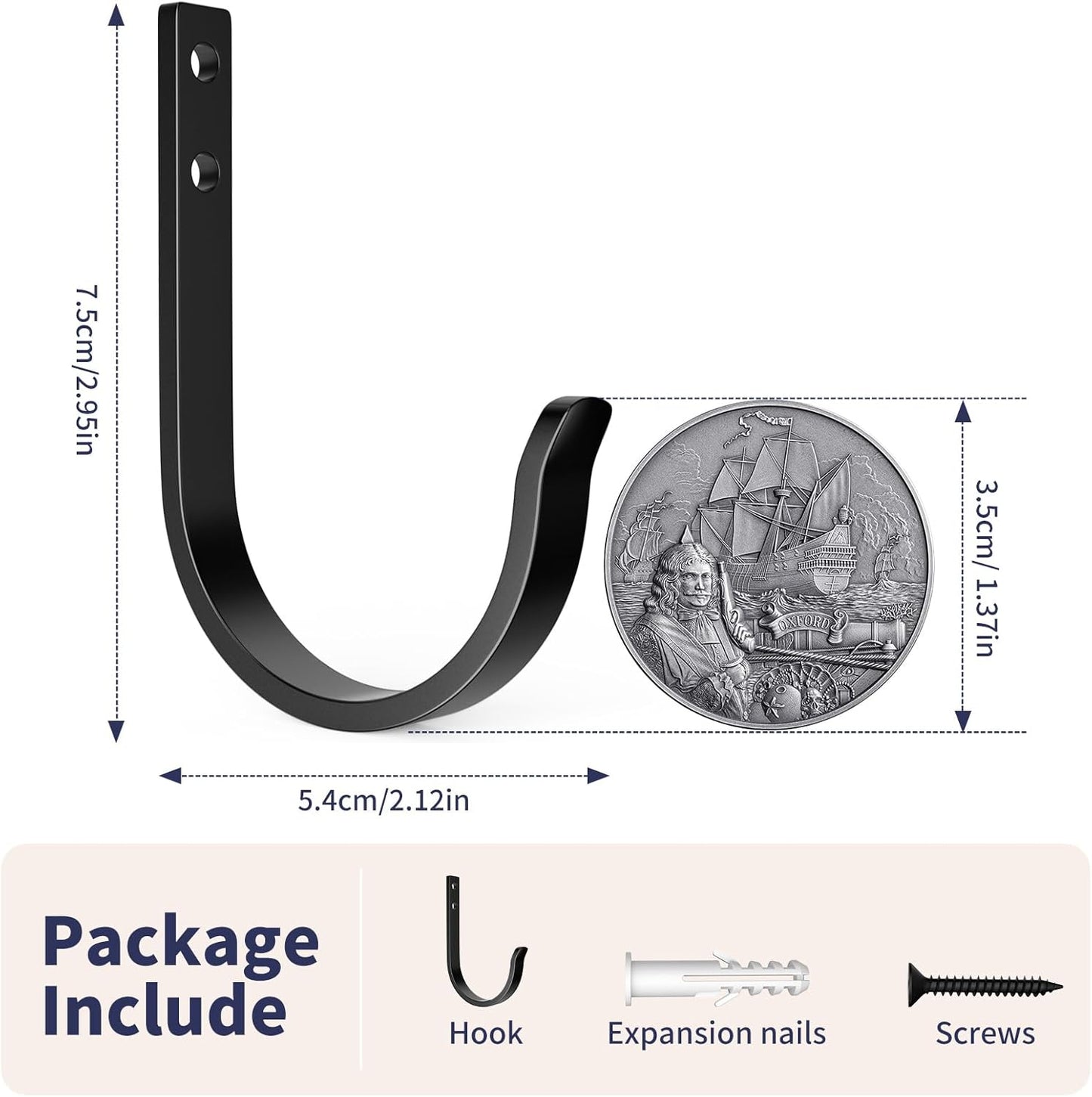 Wall Hooks 4 Pack, 22LB Load-Bearing Black l Heavy Duty Hooks with Expansion Nails - Wall Mounted Coat Rack, Key Holder, Towel Hanger for Bathroom, Kitchen, Outdoor - Decorative Hooks