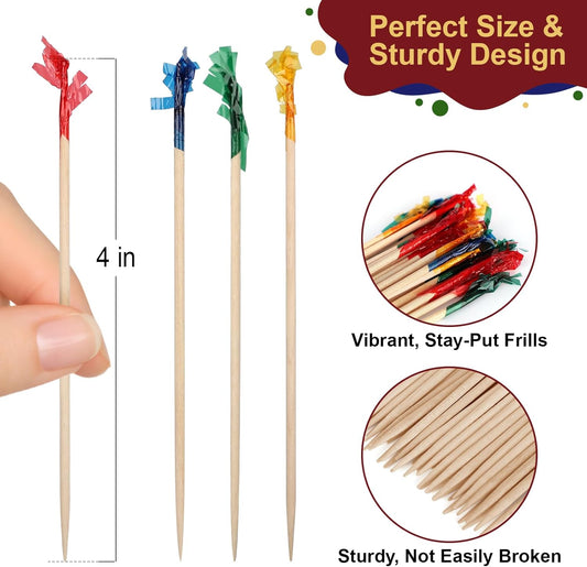 Cocktail Picks, Colored Frill Fancy Wooden Toothpicks for Appetizers Sandwich Drinks Fruit, 4 Inch Decorative Bamboo Skewers Food Sticks, Charcuterie Boards Accessories Party Supplies - 500