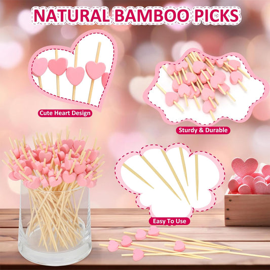 Pink Heart Cocktail Picks, Valentines Galentines Day Decorations Toothpicks for Appetizers, 4.7 IN Long Fancy Bamboo Food Skewers Wooden Charcuterie Sticks for Drinks Party Supplies Wedding Decor 100