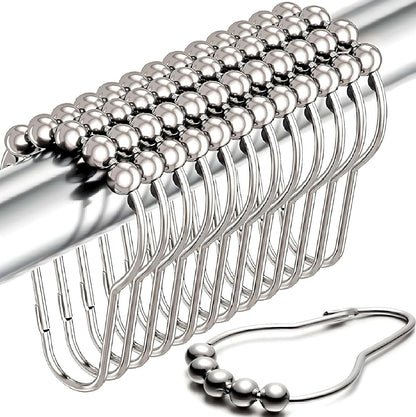 Shower Curtain Hooks Rust Proof (Set of 12) - Stainless Steel Shower Curtain Rings - Anti Slip Roller Balls for Easy Glide (Secure Lock Hooks, Polished Nickel)