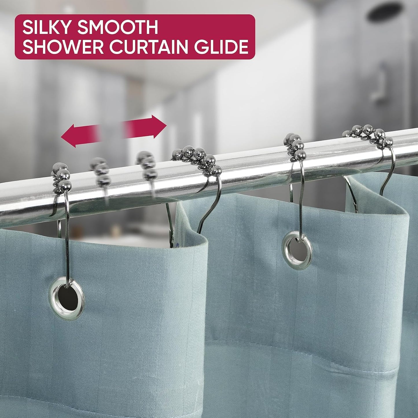 Shower Curtain Hooks Rust Proof (Set of 12) - Stainless Steel Shower Curtain Rings - Anti Slip Roller Balls for Easy Glide (Secure Lock Hooks, Polished Nickel)