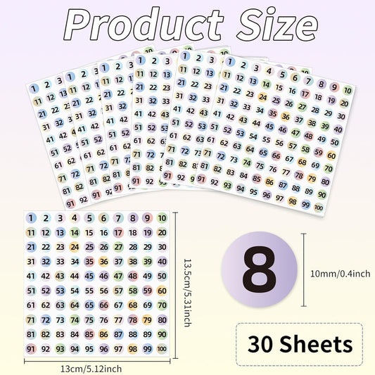 3000Pcs Consecutive Number Stickers, 0.4 inch Small Round Numbered Stickers, 1 to 100 Vinyl Consecutive Number Labels for Storage/Organizing/Boxes/Indoor/Outdoor(Gradient Color)