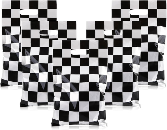 30Pcs Race Car Party Favors Bag Goodie bags Racing in Speed Party Decorations Soccer Theme Black and White Checkered Candy Bags with Handles for Kids Race Car Birthday Party Supplies