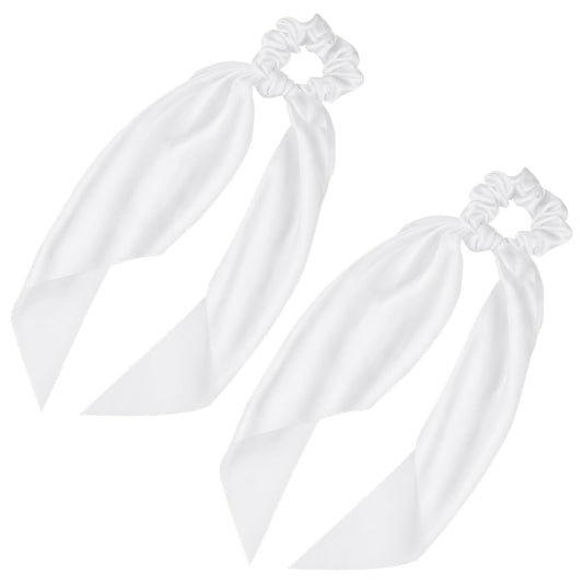 2 Pcs Knotted Bow Satin Hair Scrunchie Hair Scarf with Tail Hair Scrunchies Elastic Hair Scarf Ponytail Holder for Women and Girls (White)