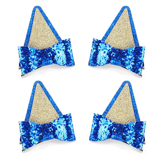 2 Pairs Blue Ears Hair Clips with Bows Glitter Hair Barrettes for Theme Party Supplies Cosplay Halloween Costume Birthday Decorations