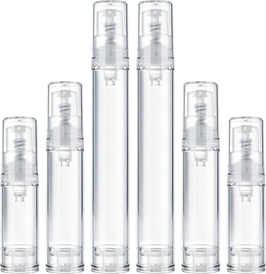 6pcs Airless Pump Bottle Travel, 5ml 10ml 15ml Empty Refillable Vacuum Press Pump Bottle, Plastic Mini Lotion Bottles Cosmetic Container for DIY Foundation Toiletries- Clear