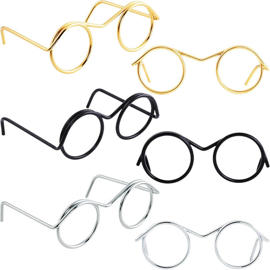 6pcs Mini Metal Doll Glasses, Small Round Glasses for Dolls Making, Tiny Dog Cat Eyeglasses Decorative Supplies Accessories for DIY Projects Costume Cosplay- Gold & Silver & Black