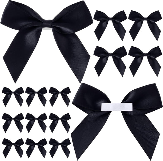 15pcs Self-Adhesive Mini Black Bows, 2.83×2.56in Premade Satin Ribbon Bows, Double-Sided Tape Stick on Bowknot Christmas Halloween DIY Wrapping Decorations for Birthday Parties Weddings