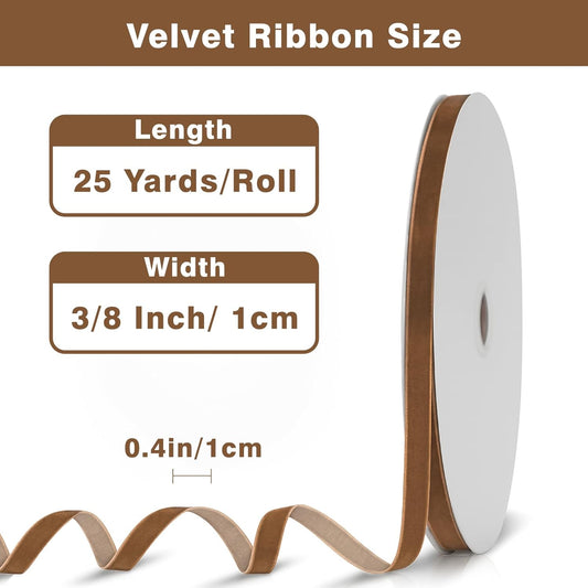 Vintage Brown Velvet Ribbon - 3/8 Inch x 25 Yards Light Brown Velvet Ribbon for Christmas Tree, Gift Wrapping, Party & Home Decoration and DIY Crafts