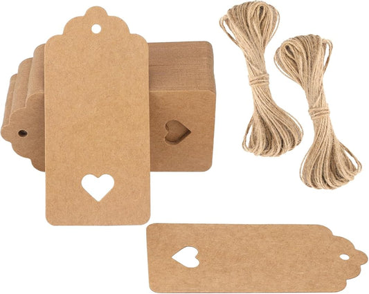 100PCS Blank Gift Tags with String, Kraft Paper Hangtags, Hollow Heart Gift Tags, Wedding Favors Tags for Valentine's, Thanksgiving, Christmas