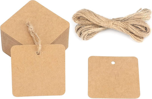 Kraft Paper Gift Tags with String, 100PCS Brown Square Tags, 2.2x2.2 inches Blank Hang Label Tag for Gift Wrapping, Pricing, DIY Arts and Crafts, Christmas, Wedding Party Favors