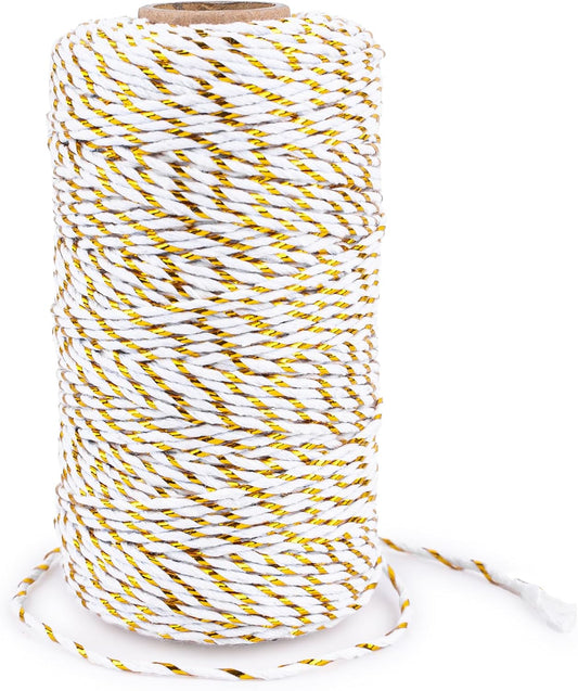 White Gold String - 2MM 328ft Bakers Twine for Gift Wrapping, White Cotton and Gold String DIY Crafts, Wedding, Christmas Party Decor