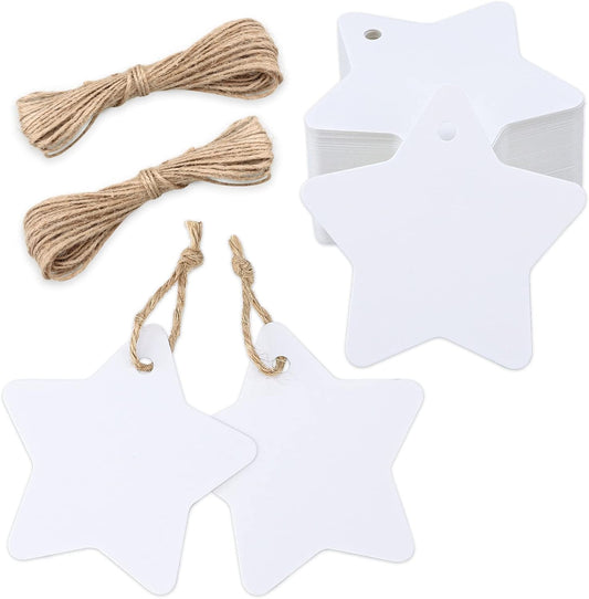 Star Gift Tags, 100PCS Blank Star Shaped Tags, Kraft Paper Gift Tag with String for Present Wrapping, Wedding, Christmas Party Favors (White)