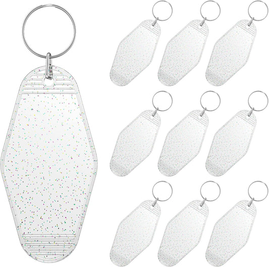 10 Pcs Modern Glitter Rhombus Keychain Tags, Clear Transparent Plastic Motel Keychains with Glitter & Key Rings, Customizable Luggage Tags & Room Labels