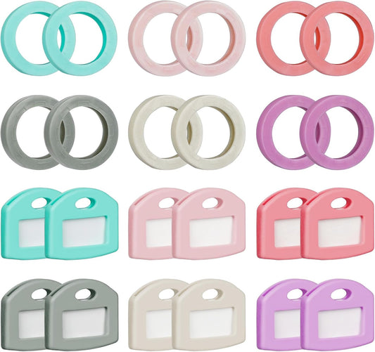 24 Pcs Key Covers Caps and Key Caps Tags Set, Key Identifiers with Labels, Soft Stretchy Key Covers for House Key, Key Head Protectors (Not for Odd-Shaped Keys), 6 Colors