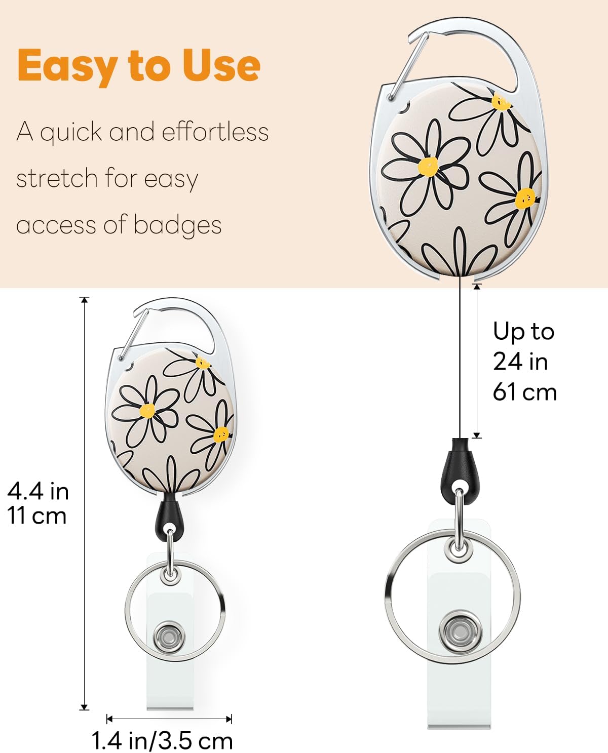 Floral Retractable Badge Reel for Badge Holder White Flower Heavy Duty Retractable Keychain Strong ABS Casing with Stainless Steel Spring Coil 24 Inch Nylon Rope Carabiner Clip and Key Ring