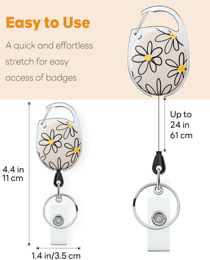 Floral Retractable Badge Reel for Badge Holder White Flower Heavy Duty Retractable Keychain Strong ABS Casing with Stainless Steel Spring Coil 24 Inch Nylon Rope Carabiner Clip and Key Ring