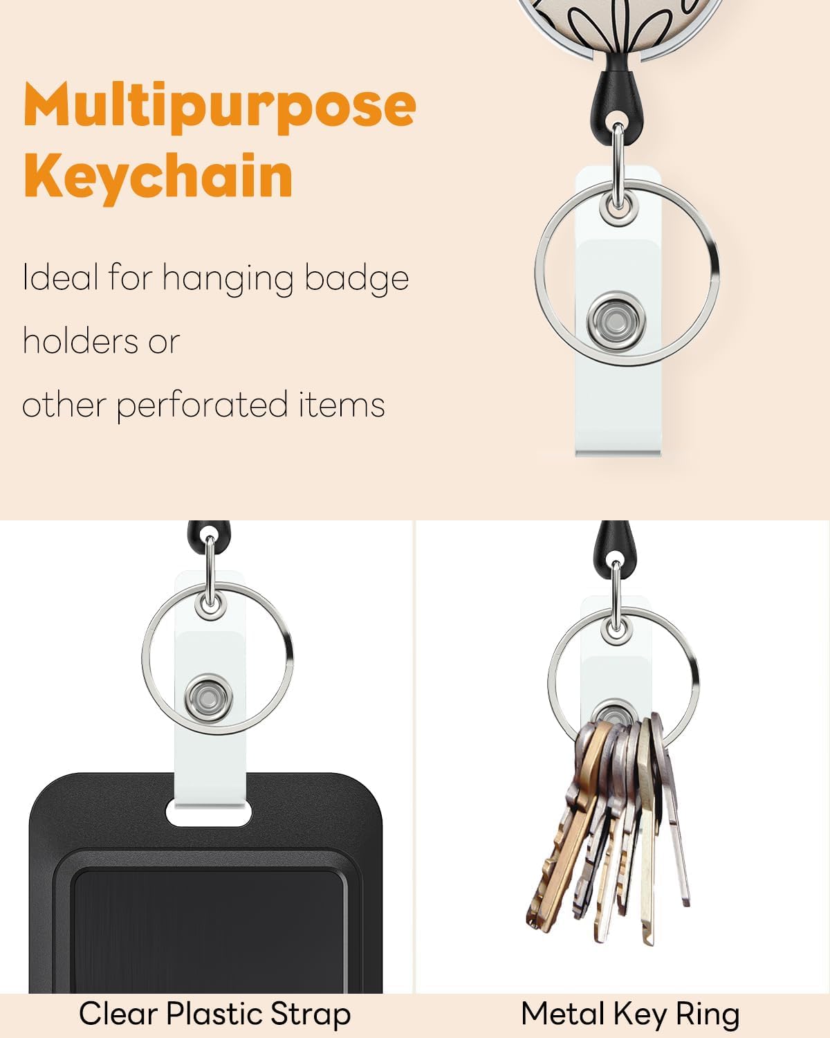 Floral Retractable Badge Reel for Badge Holder White Flower Heavy Duty Retractable Keychain Strong ABS Casing with Stainless Steel Spring Coil 24 Inch Nylon Rope Carabiner Clip and Key Ring
