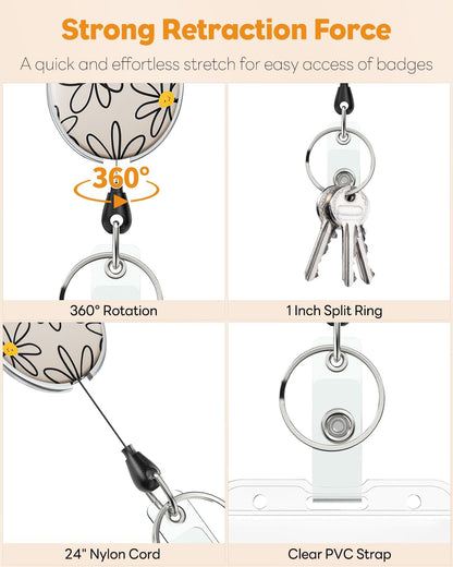 Floral Retractable Badge Reel for Badge Holder White Flower Heavy Duty Retractable Keychain Strong ABS Casing with Stainless Steel Spring Coil 24 Inch Nylon Rope Carabiner Clip and Key Ring