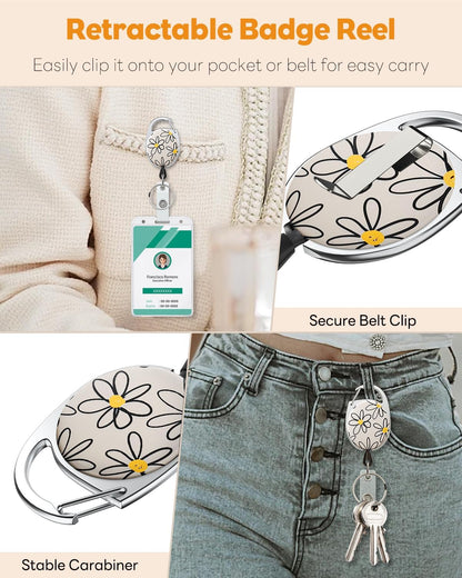 Floral Retractable Badge Reel for Badge Holder White Flower Heavy Duty Retractable Keychain Strong ABS Casing with Stainless Steel Spring Coil 24 Inch Nylon Rope Carabiner Clip and Key Ring