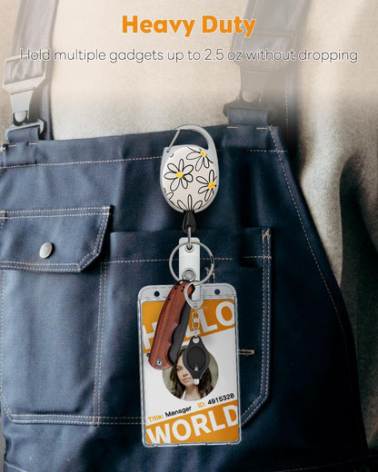 Floral Retractable Badge Reel for Badge Holder White Flower Heavy Duty Retractable Keychain Strong ABS Casing with Stainless Steel Spring Coil 24 Inch Nylon Rope Carabiner Clip and Key Ring