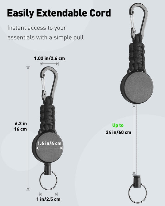 2 Pack Retractable Keychain, Retractable Key Holder, Heavy Duty Badge Reel for Keys and ID Card, Extendable Badge Holder Clip with Carabiner Paracord and Key Ring