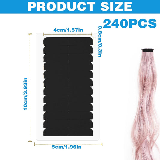 240Pcs Double Sided Hair Tape Human, Hair Extension Tape, Human Hair Tape Tabs Tape in Extension Replacement Tape Wig Tape, Adhesive Replacement Tape for Hair Extensions Wig Tape Beauty Tools(Black)