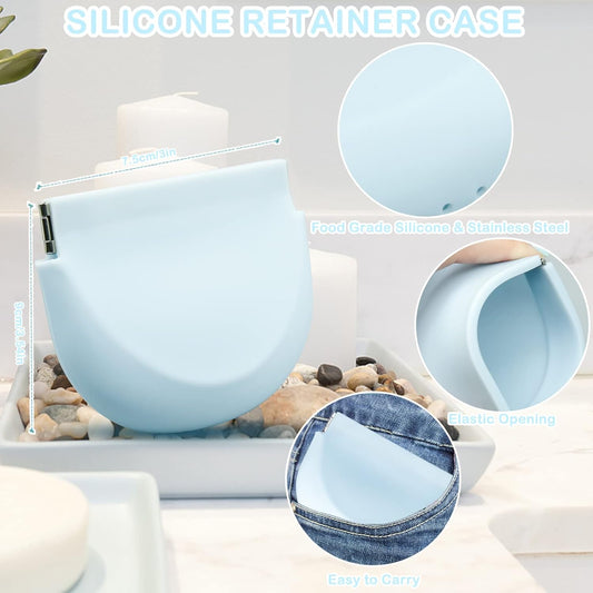 Silicone Retainer Case, Denture Case Retainer Holder with Vent Holes, Portable Retainer Cleaner Case for Women Men Kids Boys Girls, Mouth Guard Aligner Case Dental Retainer Container Case (Light Blue)