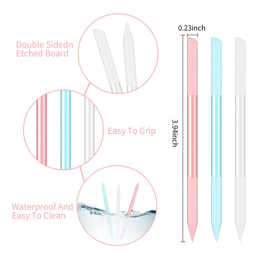 3 Pcs Glass Cuticle Pusher Nail File Cuticle Manicure Stick Remover Cuticle Tool Set Double Sided Crystal Glass with Grit Cuticle Care Stick for Women Girls Nail Salons Homes(Pink,Blue,Transparent)