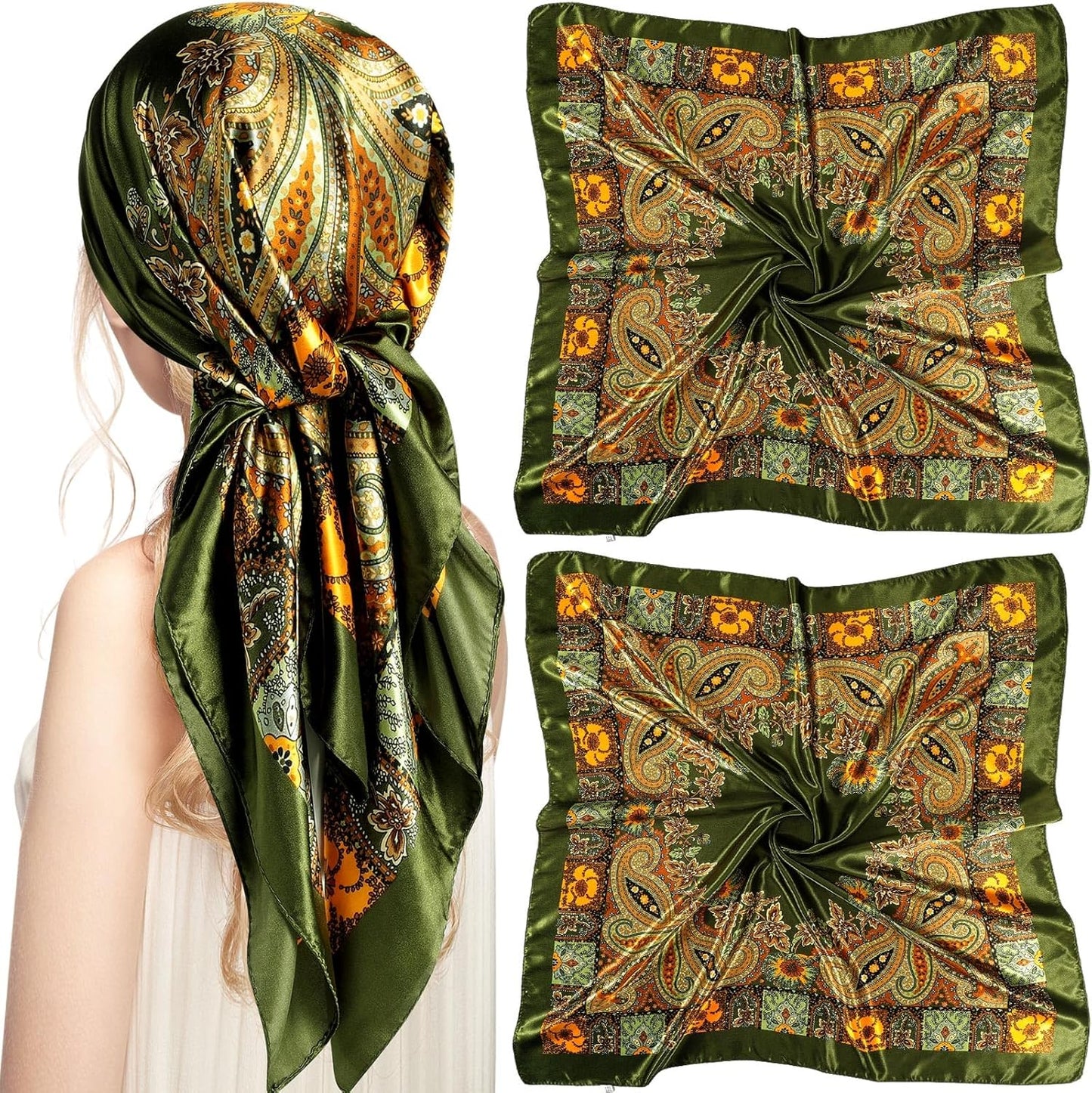 35 Inch Silky Head Scarf 2 Pcs Large Square Neck Scarf Sleeping Hair Wrapping Satin Bandana for Women