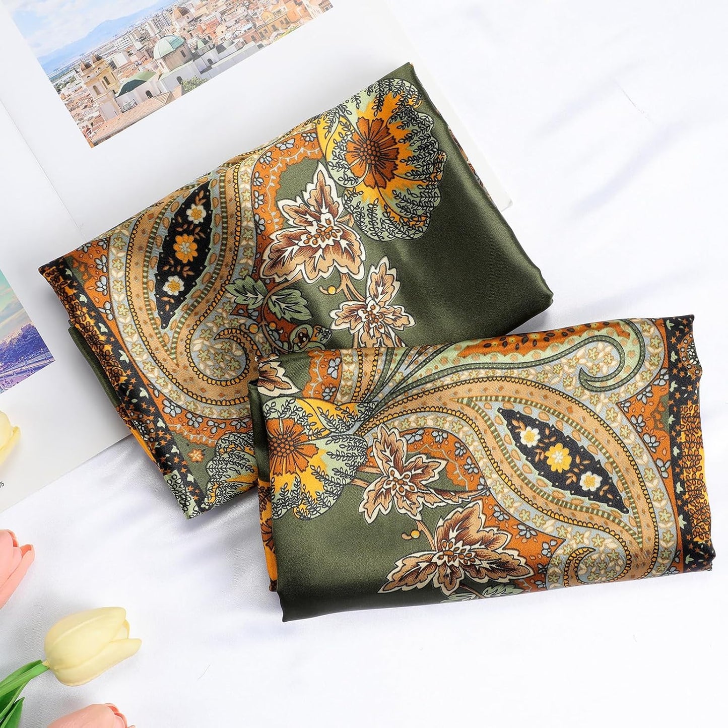 35 Inch Silky Head Scarf 2 Pcs Large Square Neck Scarf Sleeping Hair Wrapping Satin Bandana for Women