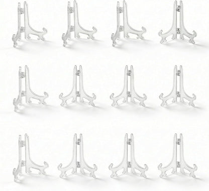 3 Inch Clear Plastic Easels or Stand/Plate Holders to Display Pictures or Other Items at Weddings, Home Decoration, Birthdays, Tables (12 Pack)