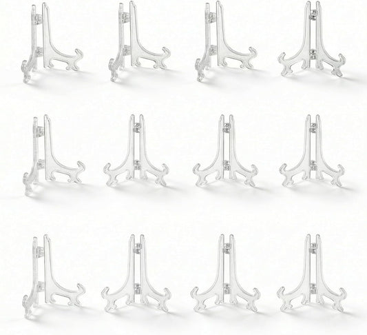 3 Inch Clear Plastic Easels or Stand/Plate Holders to Display Pictures or Other Items at Weddings, Home Decoration, Birthdays, Tables (12 Pack)