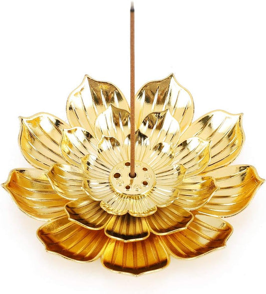 Zinc Alloy Incense Holder, Lotus Stick Incense Burner, Incense Holder for Stick/Coil/Cone Incense with Ash Catcher, Gold.