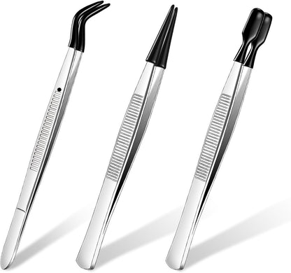 3 Pieces Tweezers with Rubber Tips PVC Coated Set Rubber Straight Flat Tip Long Bent Tweezers for Crafts Stamps Beads Jewelry Tools(Black)