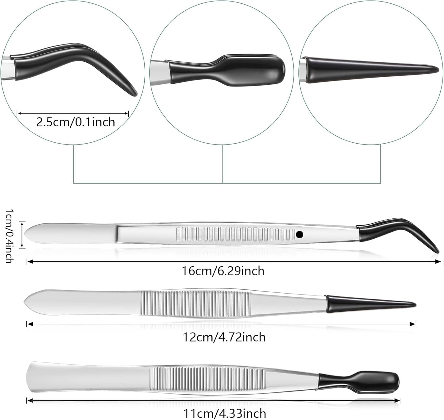 3 Pieces Tweezers with Rubber Tips PVC Coated Set Rubber Straight Flat Tip Long Bent Tweezers for Crafts Stamps Beads Jewelry Tools(Black)