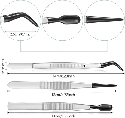 3 Pieces Tweezers with Rubber Tips PVC Coated Set Rubber Straight Flat Tip Long Bent Tweezers for Crafts Stamps Beads Jewelry Tools(Black)